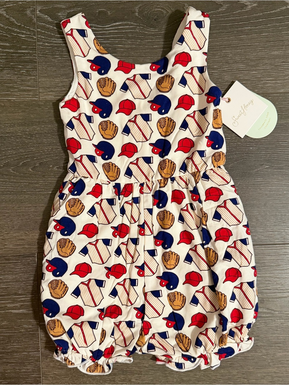 SweetHoney Cream Baby Girl Romper with Red and Navy Baseball Print
